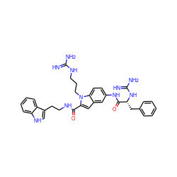 N=C(N)NCCCn1c(C(=O)NCCc2c[nH]c3ccccc23)cc2cc(NC(=O)[C@@H](Cc3ccccc3)NC(=N)N)ccc21 ZINC000044305163