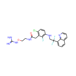 N=C(N)NOCCNC(=O)Cc1c(Cl)ccc(NCC(F)(F)c2cccc3cccnc23)c1F ZINC000028956068