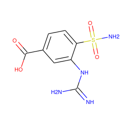 N=C(N)Nc1cc(C(=O)O)ccc1S(N)(=O)=O ZINC000003591736