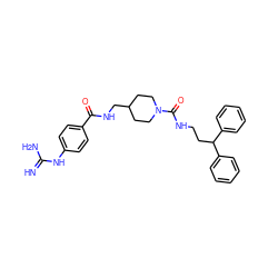 N=C(N)Nc1ccc(C(=O)NCC2CCN(C(=O)NCCC(c3ccccc3)c3ccccc3)CC2)cc1 ZINC000026392111