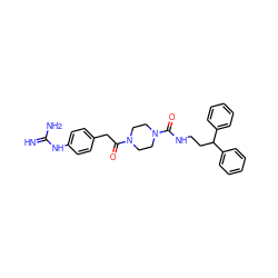 N=C(N)Nc1ccc(CC(=O)N2CCN(C(=O)NCCC(c3ccccc3)c3ccccc3)CC2)cc1 ZINC000026397308