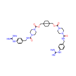 N=C(N)Nc1ccc(CNC(=O)N2CCN(C(=O)OCC34CCC(COC(=O)N5CCN(C(=O)NCc6ccc(NC(=N)N)cc6)CC5)(CC3)CC4)CC2)cc1 ZINC000095614530