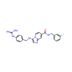 N=C(N)Nc1ccc(CNc2cnc3cc(C(=O)NCc4cccc(F)c4)ccn23)cc1 ZINC000653780330