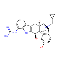 N=C(N)Nc1cccc2c3c([nH]c12)[C@@H]1Oc2c(O)ccc4c2[C@@]12CCN(CC1CC1)[C@H](C4)[C@]2(O)C3 ZINC000013863071