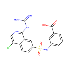 N=C(N)Nc1ncc(Cl)c2ccc(S(=O)(=O)Nc3cccc(C(=O)O)c3)cc12 ZINC000014960732