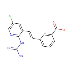 N=C(N)Nc1ncc(Cl)cc1/C=C/c1cccc(C(=O)O)c1 ZINC000013436578