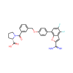 N=C(N)c1cc2c(F)c(F)cc(-c3ccc(OCc4cccc(C(=O)N5CCC[C@H]5C(=O)O)c4)cc3)c2o1 ZINC001772633655