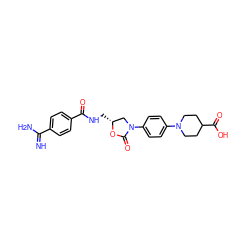 N=C(N)c1ccc(C(=O)NC[C@@H]2CN(c3ccc(N4CCC(C(=O)O)CC4)cc3)C(=O)O2)cc1 ZINC000096271553