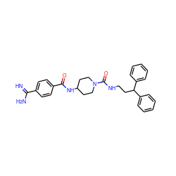 N=C(N)c1ccc(C(=O)NC2CCN(C(=O)NCCC(c3ccccc3)c3ccccc3)CC2)cc1 ZINC000026397238