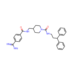 N=C(N)c1ccc(C(=O)NCC2CCN(C(=O)NCCC(c3ccccc3)c3ccccc3)CC2)cc1 ZINC000026392557