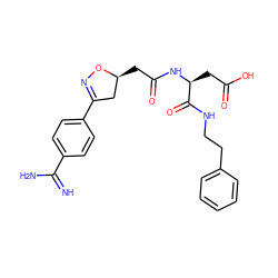 N=C(N)c1ccc(C2=NO[C@@H](CC(=O)N[C@@H](CC(=O)O)C(=O)NCCc3ccccc3)C2)cc1 ZINC000013763215