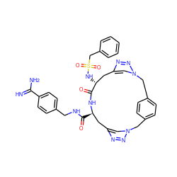 N=C(N)c1ccc(CNC(=O)[C@@H]2Cc3cn(nn3)Cc3ccc(cc3)Cn3cc(nn3)C[C@@H](NS(=O)(=O)Cc3ccccc3)C(=O)N2)cc1 ZINC000169710823