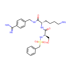 N=C(N)c1ccc(CNC(=O)[C@H](CCCCN)NC(=O)[C@@H](CO)NS(=O)(=O)Cc2ccccc2)cc1 ZINC000096168445