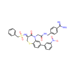 N=C(N)c1ccc(CNC(=O)CN2C(=O)[C@H](NS(=O)(=O)Cc3ccccc3)CSc3ccc(-c4cccc([N+](=O)[O-])c4)cc32)cc1 ZINC000049650372