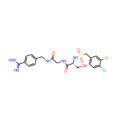 N=C(N)c1ccc(CNC(=O)CNC(=O)[C@@H](CO)NS(=O)(=O)Cc2ccc(Cl)c(Cl)c2)cc1 ZINC000096168443