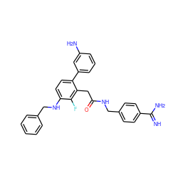 N=C(N)c1ccc(CNC(=O)Cc2c(-c3cccc(N)c3)ccc(NCc3ccccc3)c2F)cc1 ZINC000013527428