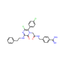 N=C(N)c1ccc(CNC(=O)Cn2c(-c3ccc(Cl)cc3)c(Cl)nc(NCCc3ccccc3)c2=O)cc1 ZINC000014955964