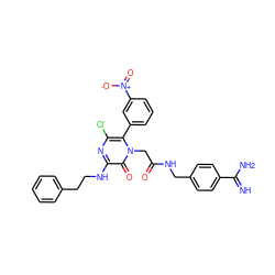 N=C(N)c1ccc(CNC(=O)Cn2c(-c3cccc([N+](=O)[O-])c3)c(Cl)nc(NCCc3ccccc3)c2=O)cc1 ZINC000014956009