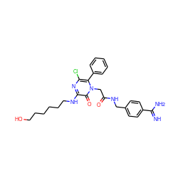 N=C(N)c1ccc(CNC(=O)Cn2c(-c3ccccc3)c(Cl)nc(NCCCCCCO)c2=O)cc1 ZINC000013527044