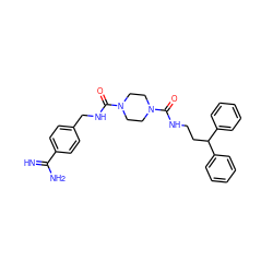 N=C(N)c1ccc(CNC(=O)N2CCN(C(=O)NCCC(c3ccccc3)c3ccccc3)CC2)cc1 ZINC000026388009