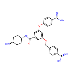 N=C(N)c1ccc(COc2cc(Oc3ccc(C(=N)N)cc3)cc(C(=O)N[C@H]3CC[C@H](N)CC3)c2)cc1 ZINC000261187542