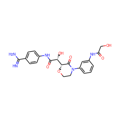 N=C(N)c1ccc(NC(=O)[C@H](O)[C@H]2OCCN(c3cccc(NC(=O)CO)c3)C2=O)cc1 ZINC000068208985