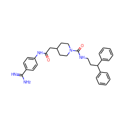 N=C(N)c1ccc(NC(=O)CC2CCN(C(=O)NCCC(c3ccccc3)c3ccccc3)CC2)cc1 ZINC000026380989