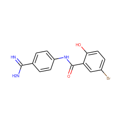 N=C(N)c1ccc(NC(=O)c2cc(Br)ccc2O)cc1 ZINC000013444396