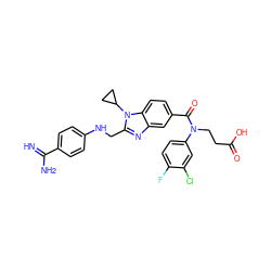 N=C(N)c1ccc(NCc2nc3cc(C(=O)N(CCC(=O)O)c4ccc(F)c(Cl)c4)ccc3n2C2CC2)cc1 ZINC000653795371