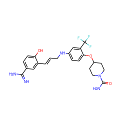 N=C(N)c1ccc(O)c(/C=C/CNc2ccc(OC3CCN(C(N)=O)CC3)c(C(F)(F)F)c2)c1 ZINC000013441121
