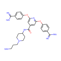 N=C(N)c1ccc(Oc2cc(C(=O)NC3CCN(CCCN)CC3)cc(Oc3ccc(C(=N)N)cc3)n2)cc1 ZINC000103230525