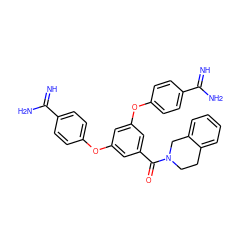 N=C(N)c1ccc(Oc2cc(Oc3ccc(C(=N)N)cc3)cc(C(=O)N3CCc4ccccc4C3)c2)cc1 ZINC000114723044