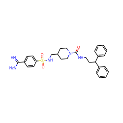 N=C(N)c1ccc(S(=O)(=O)NCC2CCN(C(=O)NCCC(c3ccccc3)c3ccccc3)CC2)cc1 ZINC000026392553