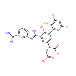 N=C(N)c1ccc2[nH]c(-c3cc([C@@H](CC(=O)O)C(=O)O)cc(-c4cc(Cl)cc(Cl)c4O)c3O)nc2c1 ZINC000014956803