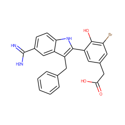 N=C(N)c1ccc2[nH]c(-c3cc(CC(=O)O)cc(Br)c3O)c(Cc3ccccc3)c2c1 ZINC000029474579