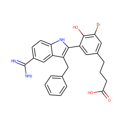 N=C(N)c1ccc2[nH]c(-c3cc(CCCC(=O)O)cc(Br)c3O)c(Cc3ccccc3)c2c1 ZINC000029478009