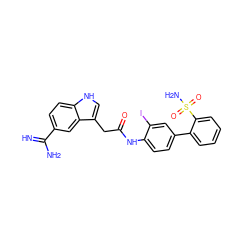 N=C(N)c1ccc2[nH]cc(CC(=O)Nc3ccc(-c4ccccc4S(N)(=O)=O)cc3I)c2c1 ZINC000003815609