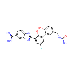 N=C(N)c1ccc2nc(-c3cc(F)cc(-c4cc(CNC(N)=O)ccc4O)c3O)[nH]c2c1 ZINC000034804692