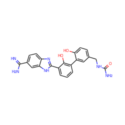 N=C(N)c1ccc2nc(-c3cccc(-c4cc(CNC(N)=O)ccc4O)c3O)[nH]c2c1 ZINC000014956587