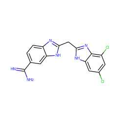 N=C(N)c1ccc2nc(Cc3nc4c(Cl)cc(Cl)cc4[nH]3)[nH]c2c1 ZINC000028568828