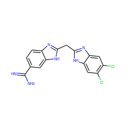 N=C(N)c1ccc2nc(Cc3nc4cc(Cl)c(Cl)cc4[nH]3)[nH]c2c1 ZINC000028569918