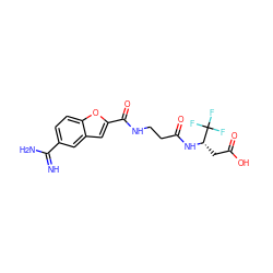 N=C(N)c1ccc2oc(C(=O)NCCC(=O)N[C@@H](CC(=O)O)C(F)(F)F)cc2c1 ZINC000013776166