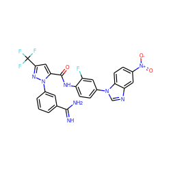 N=C(N)c1cccc(-n2nc(C(F)(F)F)cc2C(=O)Nc2ccc(-n3cnc4cc([N+](=O)[O-])ccc43)cc2F)c1 ZINC000014950679