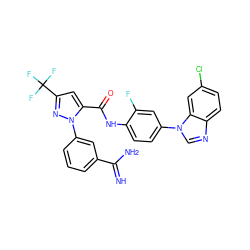 N=C(N)c1cccc(-n2nc(C(F)(F)F)cc2C(=O)Nc2ccc(-n3cnc4ccc(Cl)cc43)cc2F)c1 ZINC000014950666