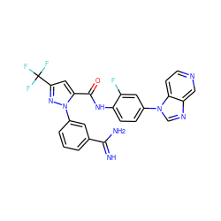 N=C(N)c1cccc(-n2nc(C(F)(F)F)cc2C(=O)Nc2ccc(-n3cnc4cnccc43)cc2F)c1 ZINC000014950652