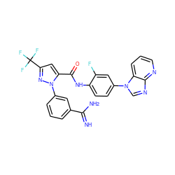 N=C(N)c1cccc(-n2nc(C(F)(F)F)cc2C(=O)Nc2ccc(-n3cnc4ncccc43)cc2F)c1 ZINC000014950648