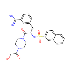 N=C(N)c1cccc(C[C@H](NS(=O)(=O)c2ccc3ccccc3c2)C(=O)N2CCN(C(=O)CO)CC2)c1 ZINC000003834133