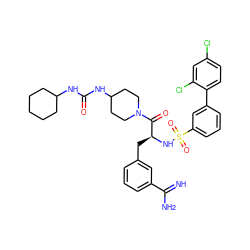 N=C(N)c1cccc(C[C@H](NS(=O)(=O)c2cccc(-c3ccc(Cl)cc3Cl)c2)C(=O)N2CCC(NC(=O)NC3CCCCC3)CC2)c1 ZINC000169326890