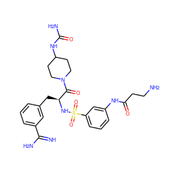 N=C(N)c1cccc(C[C@H](NS(=O)(=O)c2cccc(NC(=O)CCN)c2)C(=O)N2CCC(NC(N)=O)CC2)c1 ZINC000169323432