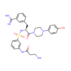 N=C(N)c1cccc(C[C@H](NS(=O)(=O)c2cccc(NC(=O)CCN)c2)C(=O)N2CCN(c3ccc(O)cc3)CC2)c1 ZINC000042835122